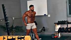Eager muscled jock assfucks gym partner after rimjob
