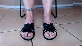 Toe Wiggling In Black Flowery Sandals