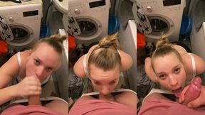 girl sucked his cock in bathroom while her made her dinner in the next room