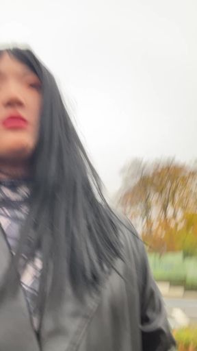 female mask crossdresser walk in public busy parking lot in Worms, Germany