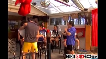 Young Euro jocks cum hard after fucking in cafe orgy