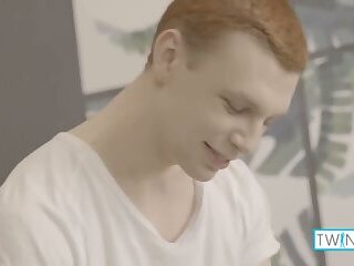 Brunette horny cutie Lucas A enjoys fapping while sucking ginger hottie Micheal P's huge boner! He