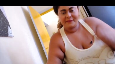 Full-figured brunette catches man masturbating and rides him in reverse cowgirl until he cums in her ass