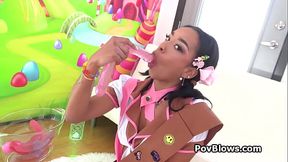 Teen ebony hottie gags on dildos and sucks Scott's thick cock