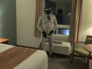 at hotel window and door I cum wearing bastard wetsuit, silicone hood