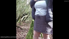 On my knee's in the forest taking a cum load over my big milf tits