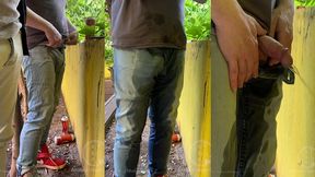 guy is desperate to pee, tries to hold it and to hide from his friend, but wets his pants