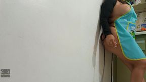 Big-bootied housewife invites her neighbor over and gives him a blowjob in the kitchen