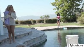 Sexy trans pool girl Avery fucks hot blonde River