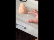 Twink licks own cum from fake pussy