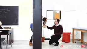 ”Sexy redhead dorm babe fucks her prof in a classroom”