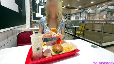 Blonde flashes shaved pussy and masturbates under restaurant table