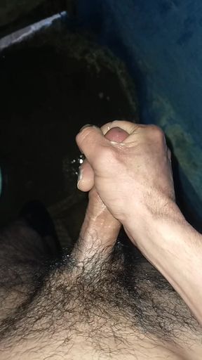 Masturbation and ejaculation in a very hot public bath