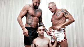 Real petite twink barebacked in 3some by muscled tops