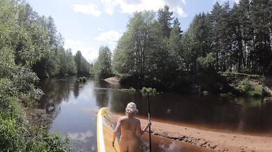 Russian Exhibitionist Nude SUP Hike Gushes Wild Publicly