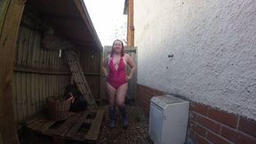 British MILF in Swimsuit and Wellingtons on Chilly Day