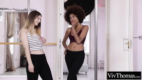 ”Interracial lesbians fucking hard at the dance studio”
