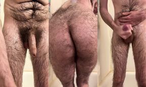 Skinny very hairy white dude strips down, oils up from head to toe, then masturbates furiously to intense shaking orgasm