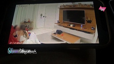 Cuckold husband watching his hot wife having sex with another man on the security camera