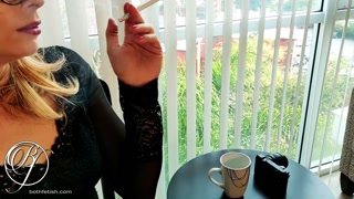 Smoking in sexy lingerie and high heels, sexy blonde gets wet smoking fetish