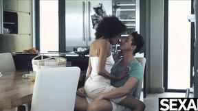 ”Bombshell ebony Brazilian hot chick gets her fix of caffeine & cock”