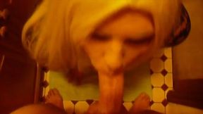 Crossdresser in blonde wig was sucking my buddy's stiff cock