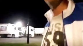 2 truckers fuck hard in rest stop toilets - one has a massive cock