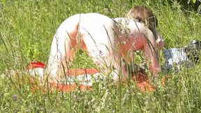 'Introducing 44-year-old blonde milf stripping down to all her goods sunbathing wild on riverside'