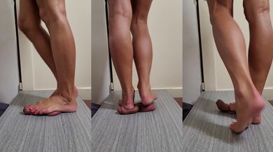 Foot fucker grinds barefoot cock while ball trampled hard