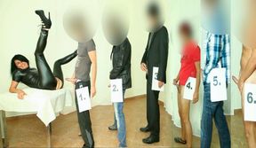 Latex Slut gets 10 hard cocks, chooses her hole