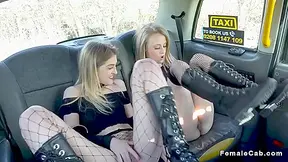 Blonde Lesbians In Fishnets Licking In Taxi