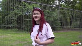 Skinny German redhead Mia May gets her ass fucked in public