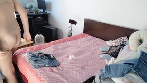 Amateur wife having fun trying on clothes she cuts.