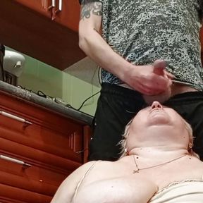 hot cum in stepmom&#039;s mouth after jerking off a dick in the kitchen