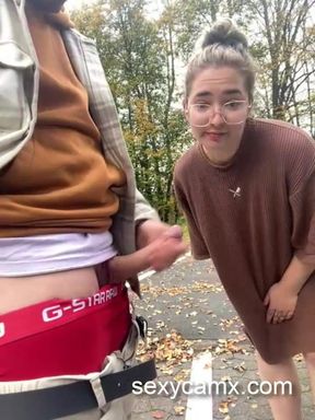 Horny slut suck cock and takes hard doggy pounding in public