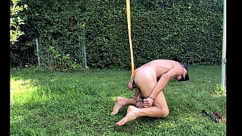 watch naked pathetic slave during outdoor party tied up at gay balls, enema, ready get used as fucktoy, CMNM