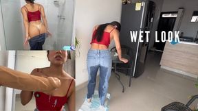 Extreme peeing on tight jeans and a wet-look striptease