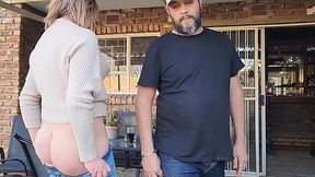 Big-ass cheater would have a quick fuck with her neighbor while her husband is not at home.
