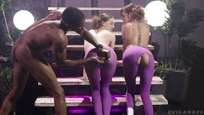 Black man fucks two white chicks in ripped purple leggings right on t the stairs