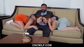 Hot MILF and teen help hunk relax before job interview with group sex session