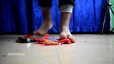 Destroying big car with toy airplane