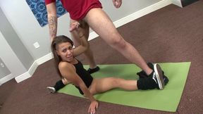 teen 18+ gymnast gets stretched by her trainer