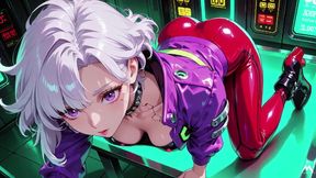 Teasing in a Purple Bodysuit on the Skyscraper Balcony, Pulling Down Her Collar to Reveal Inner Layers