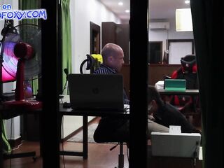 Fake office: She knows how to motivate! Coworker sucks and get cum mouth by the window