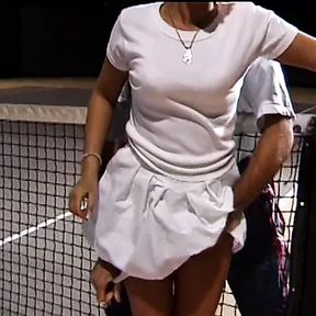 Young cute brunette with dreadlocks takes some lessons of tennis with lusty coach