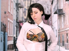 Massive juggs brunette fatty strips and jerks solo
