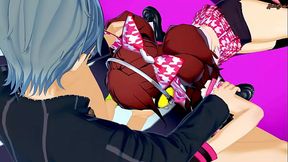 Rise Kujikawa fingers her pussy on stage before giving Yu Narukami a great blowjob - Persona 4 Hentai.