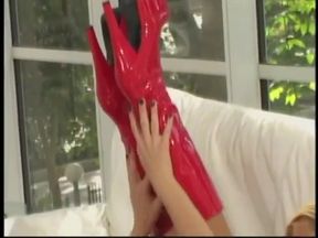 Scorching bitches in latex and fishnets strip for hot lesbian sex
