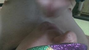 POV of a stunning brunette's solo workout with a huge uncut cock
