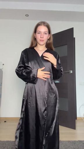 She pulls her robe open and exposes her wet, teasing slit